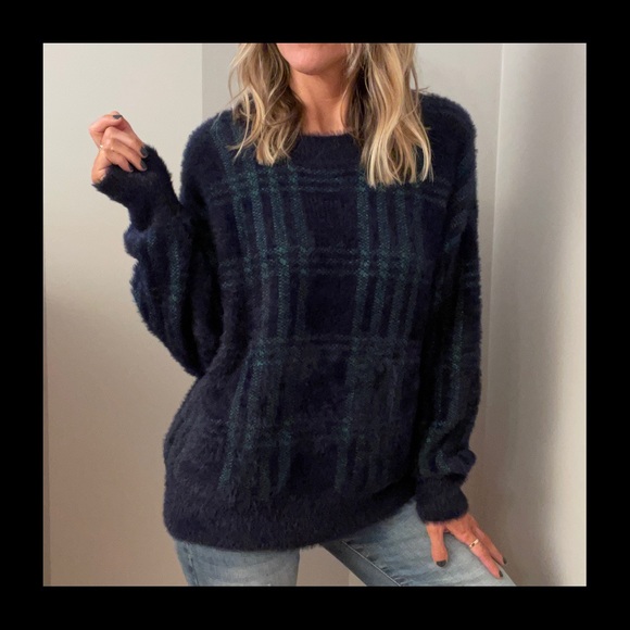 Fuzzy Warm Green + Black Plaid Sweater - Picture 1 of 10